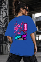 Neon Vibe Damen Oversized T-Shirt – Cherry Blossom – DTF Backprint in Blau, Größe 5XL