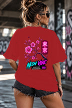 Neon Vibe Damen Oversized T-Shirt – Cherry Blossom – DTF Backprint in Rot, Größe 5XL