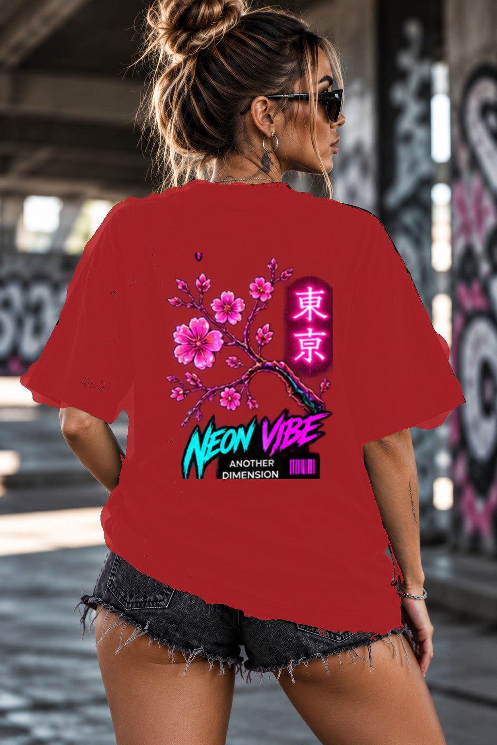 Neon Vibe Damen Oversized T-Shirt – Cherry Blossom – DTF Backprint in Rot, Größe 5XL