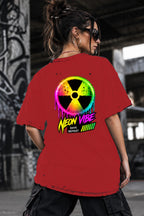 Neon Vibe Damen Oversized T-Shirt – Nuclear Symbol – DTF Backprint in Rot, Größe 5XL