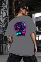 Neon Vibe Damen Oversized T-Shirt – Headphone Woman – DTF Backprint in Grau, Größe 5XL