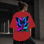 Neon Vibe Damen Oversized T-Shirt – Neon Butterfly – DTF Backprint in Rot, Größe 5XL