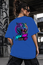Neon Vibe Damen Oversized T-Shirt – Neon Tiger – DTF Backprint in Blau, Größe 5XL