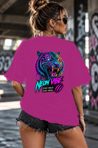 Neon Vibe Damen Oversized T-Shirt – Neon Tiger – DTF Backprint in Pink, Größe 5XL
