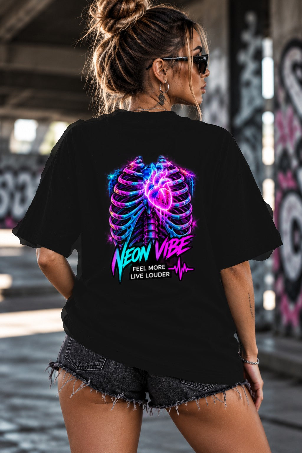 Neon Vibe Damen Oversized T-Shirt – Ribcage Heart – DTF Backprint in Schwarz, Größe 5XL