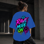 Neon Vibe Damen Oversized T-Shirt – Rave Mode On – DTF Backprint in Blau, Größe 5XL