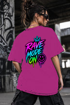 Neon Vibe Damen Oversized T-Shirt – Rave Mode On – DTF Backprint in Pink, Größe 5XL
