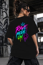 Neon Vibe Damen Oversized T-Shirt – Rave Mode On – DTF Backprint in Schwarz, Größe 5XL