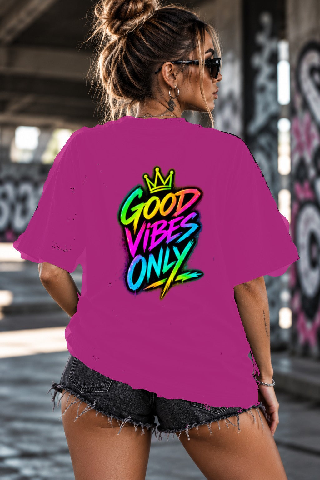 Neon Vibe Damen Oversized T-Shirt – Good Vibes Only – DTF Backprint in Pink, Größe 5XL