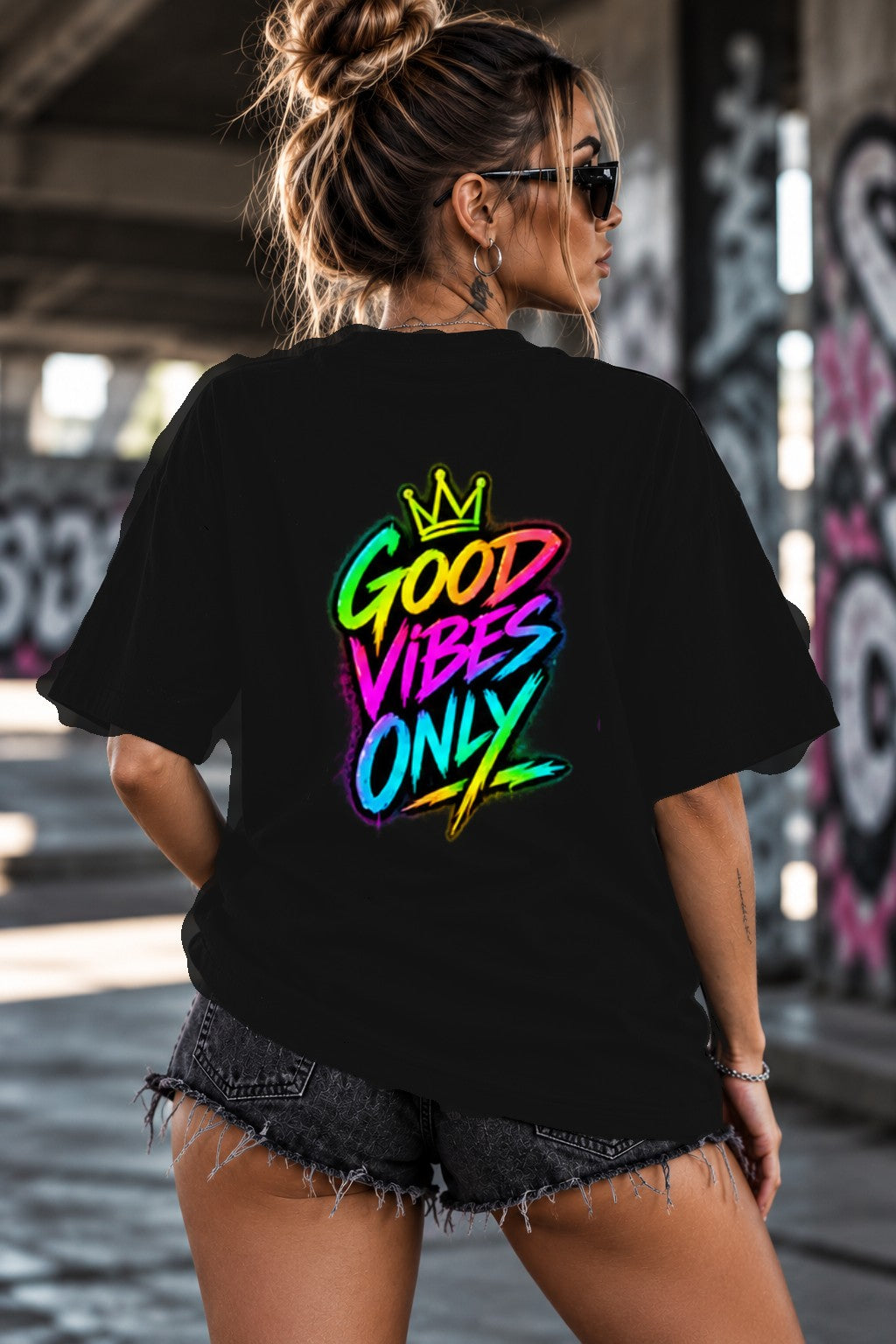 Neon Vibe Damen Oversized T-Shirt – Good Vibes Only – DTF Backprint in Schwarz, Größe 5XL