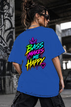 Neon Vibe Damen Oversized T-Shirt – Bass Makes Me Happy – DTF Backprint in Blau, Größe 5XL