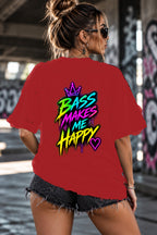 Neon Vibe Damen Oversized T-Shirt – Bass Makes Me Happy – DTF Backprint in Rot, Größe 5XL