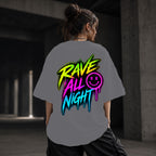 Neon Vibe Damen Oversized T-Shirt – Rave All Night – DTF Backprint in Grau, Größe 5XL