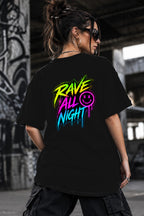 Neon Vibe Damen Oversized T-Shirt – Rave All Night – DTF Backprint in Schwarz, Größe 5XL
