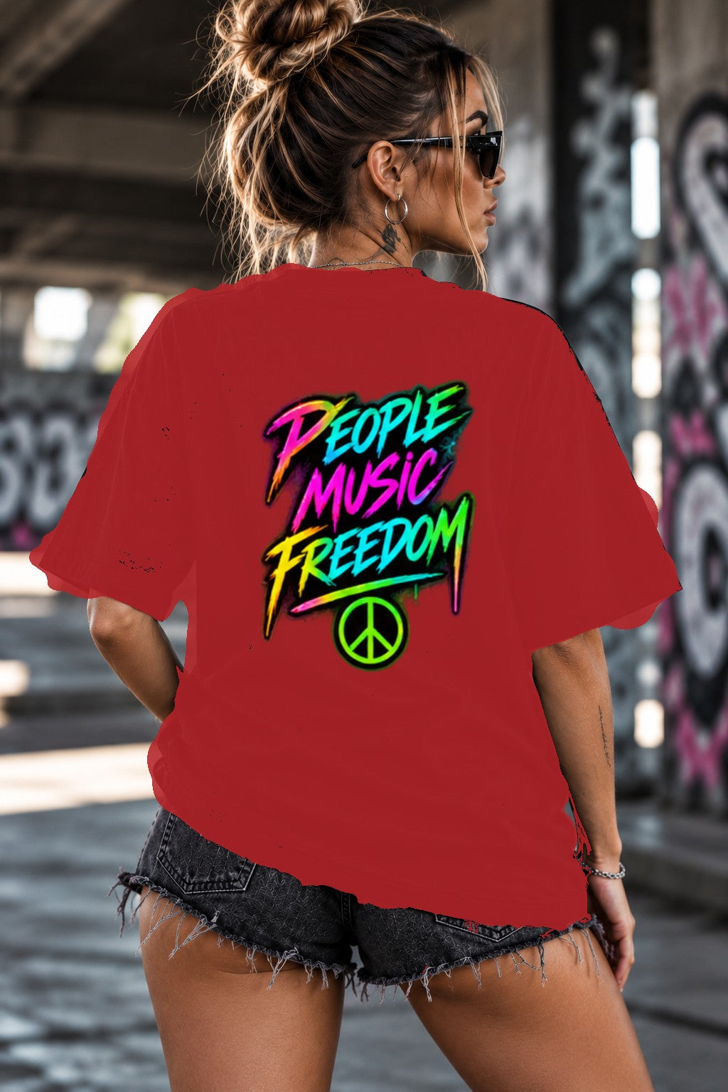 Neon Vibe Damen Oversized T-Shirt – People Music Freedom – DTF Backprint in Rot, Größe 5XL