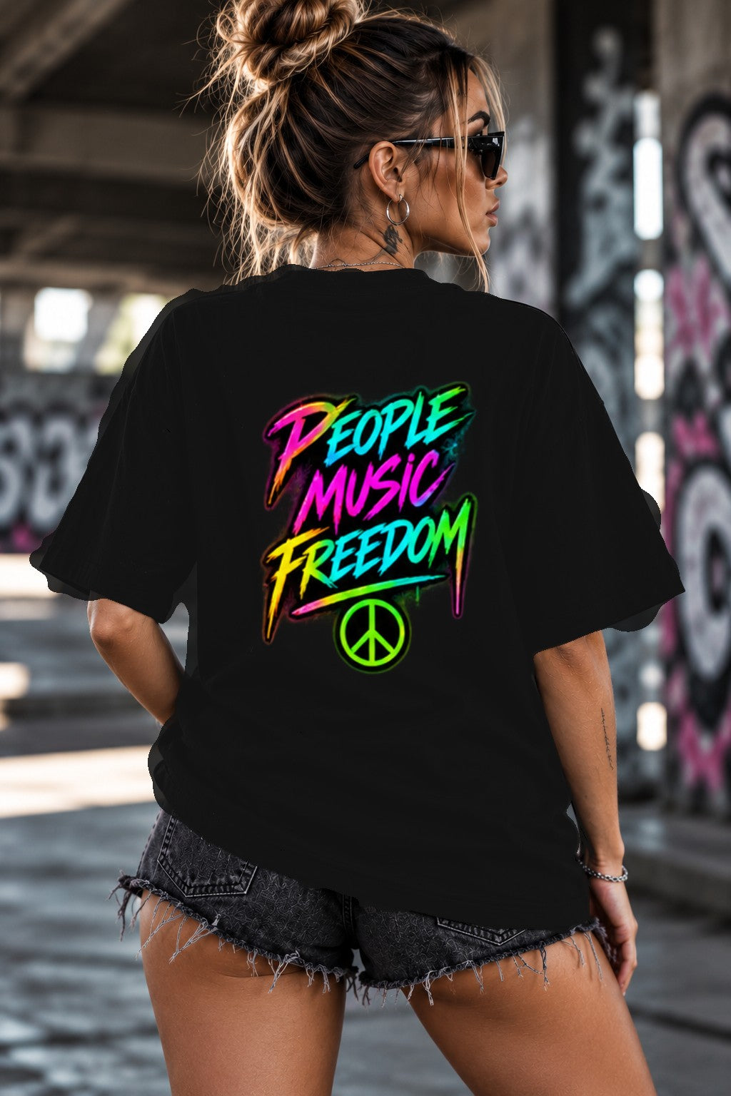 Neon Vibe Damen Oversized T-Shirt – People Music Freedom – DTF Backprint in Schwarz, Größe 5XL