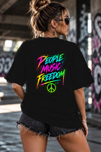 Neon Vibe Damen Oversized T-Shirt – People Music Freedom – DTF Backprint in Schwarz, Größe 5XL
