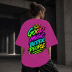 Neon Vibe Damen Oversized T-Shirt – Good Music Better People – DTF Backprint in Pink, Größe 5XL
