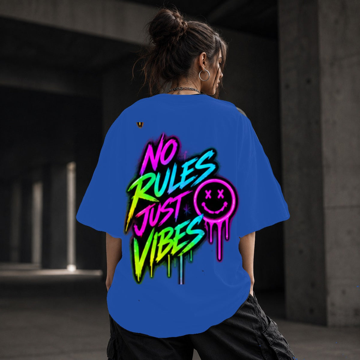 Neon Vibe Damen Oversized T-Shirt – No Rules Just Vibes – DTF Backprint in Blau, Größe 5XL
