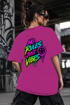 Neon Vibe Damen Oversized T-Shirt – No Rules Just Vibes – DTF Backprint in Pink, Größe 5XL