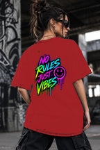Neon Vibe Damen Oversized T-Shirt – No Rules Just Vibes – DTF Backprint in Rot, Größe 5XL
