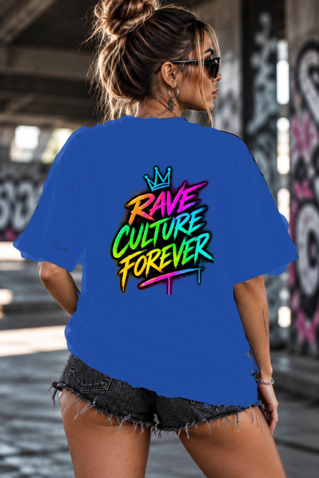 Neon Vibe Damen Oversized T-Shirt – Rave Culture Forever – DTF Backprint in Blau, Größe 5XL