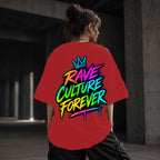 Neon Vibe Damen Oversized T-Shirt – Rave Culture Forever – DTF Backprint in Rot, Größe 5XL