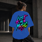 Neon Vibe Damen Oversized T-Shirt – Lost In Music – DTF Backprint in Blau, Größe 5XL