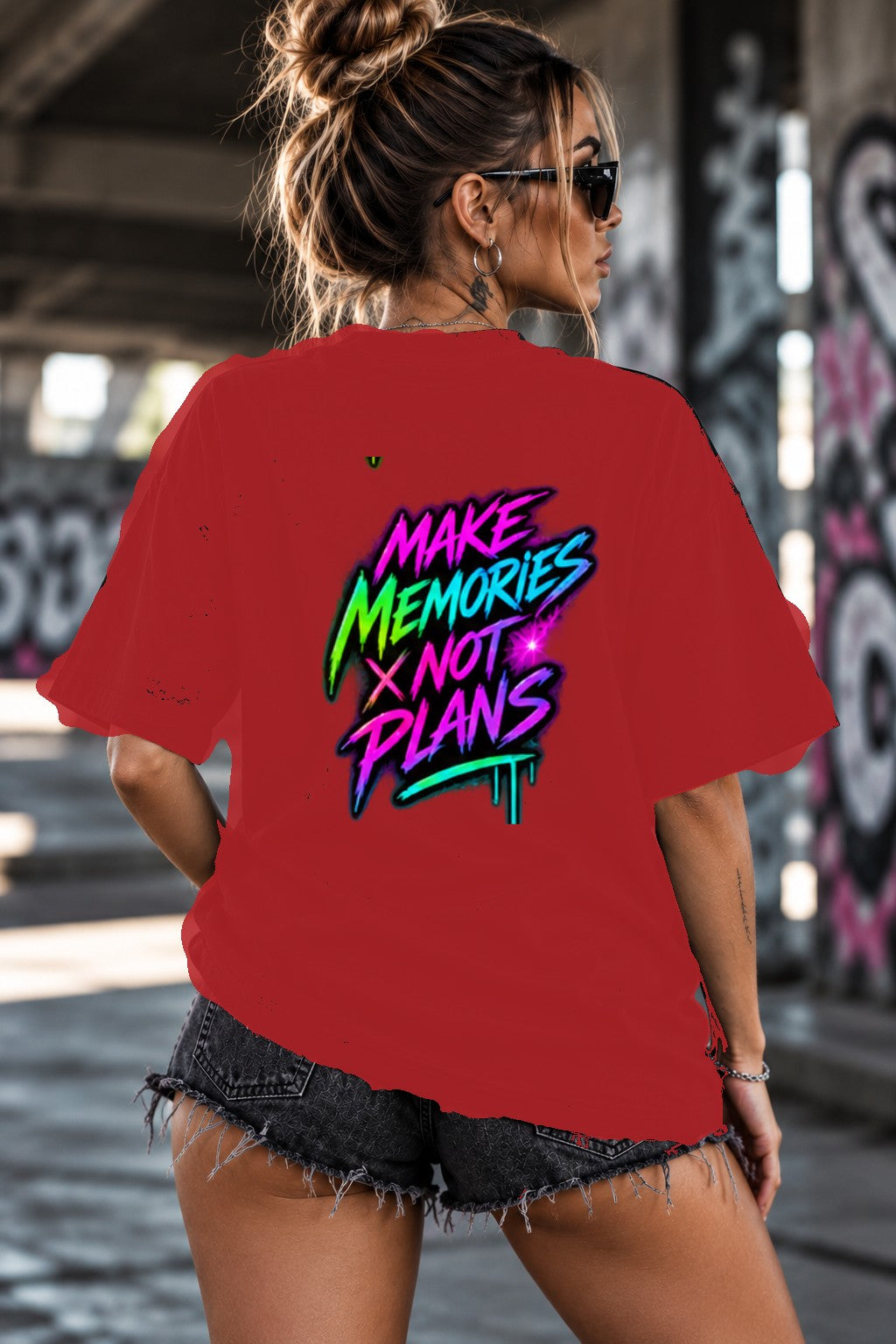 Neon Vibe Damen Oversized T-Shirt – Make Memories Not Plans – DTF Backprint in Rot, Größe 5XL