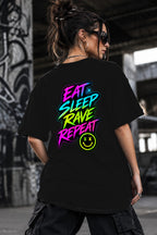 Neon Vibe Damen Oversized T-Shirt – Eat Sleep Rave Repeat – DTF Backprint in Schwarz, Größe 5XL