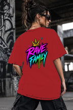 Neon Vibe Damen Oversized T-Shirt – Rave Family – DTF Backprint in Rot, Größe 5XL
