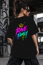 Neon Vibe Damen Oversized T-Shirt – Rave Family – DTF Backprint in Schwarz, Größe 5XL