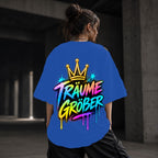 Neon Vibe Damen Oversized T-Shirt – Träume Größer – DTF Backprint in Blau, Größe 5XL