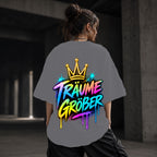 Neon Vibe Damen Oversized T-Shirt – Träume Größer – DTF Backprint in Grau, Größe 5XL