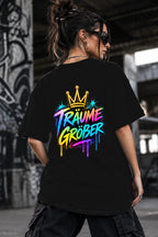 Neon Vibe Damen Oversized T-Shirt – Träume Größer – DTF Backprint in Schwarz, Größe 5XL