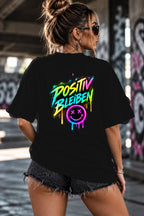Neon Vibe Damen Oversized T-Shirt – Positiv Bleiben – DTF Backprint in Schwarz, Größe 5XL