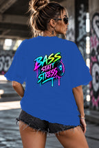 Neon Vibe Damen Oversized T-Shirt – Bass Statt Stress – DTF Backprint in Blau, Größe 5XL