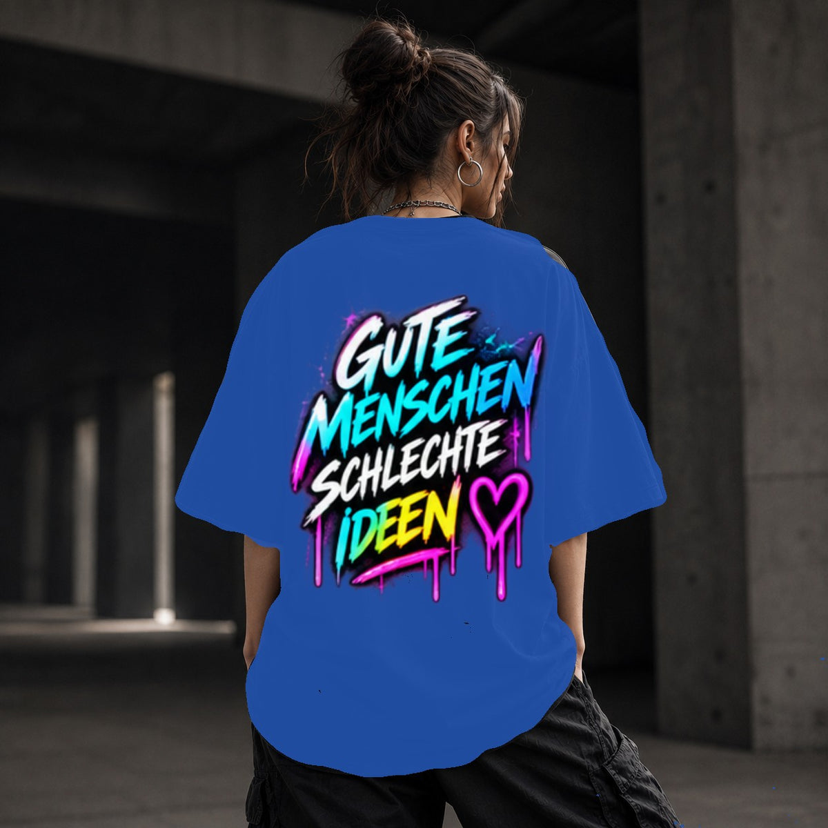 Neon Vibe Damen Oversized T-Shirt – Gute Menschen Schlechte Ideen – DTF Backprint in Blau, Größe 5XL
