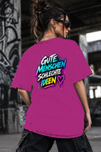 Neon Vibe Damen Oversized T-Shirt – Gute Menschen Schlechte Ideen – DTF Backprint in Pink, Größe 5XL