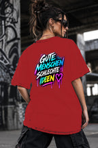 Neon Vibe Damen Oversized T-Shirt – Gute Menschen Schlechte Ideen – DTF Backprint in Rot, Größe 5XL
