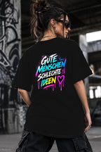 Neon Vibe Damen Oversized T-Shirt – Gute Menschen Schlechte Ideen – DTF Backprint in Schwarz, Größe 5XL