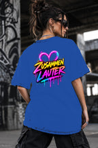 Neon Vibe Damen Oversized T-Shirt – Zusammen Lauter – DTF Backprint in Blau, Größe 5XL