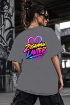Neon Vibe Damen Oversized T-Shirt – Zusammen Lauter – DTF Backprint in Grau, Größe 5XL