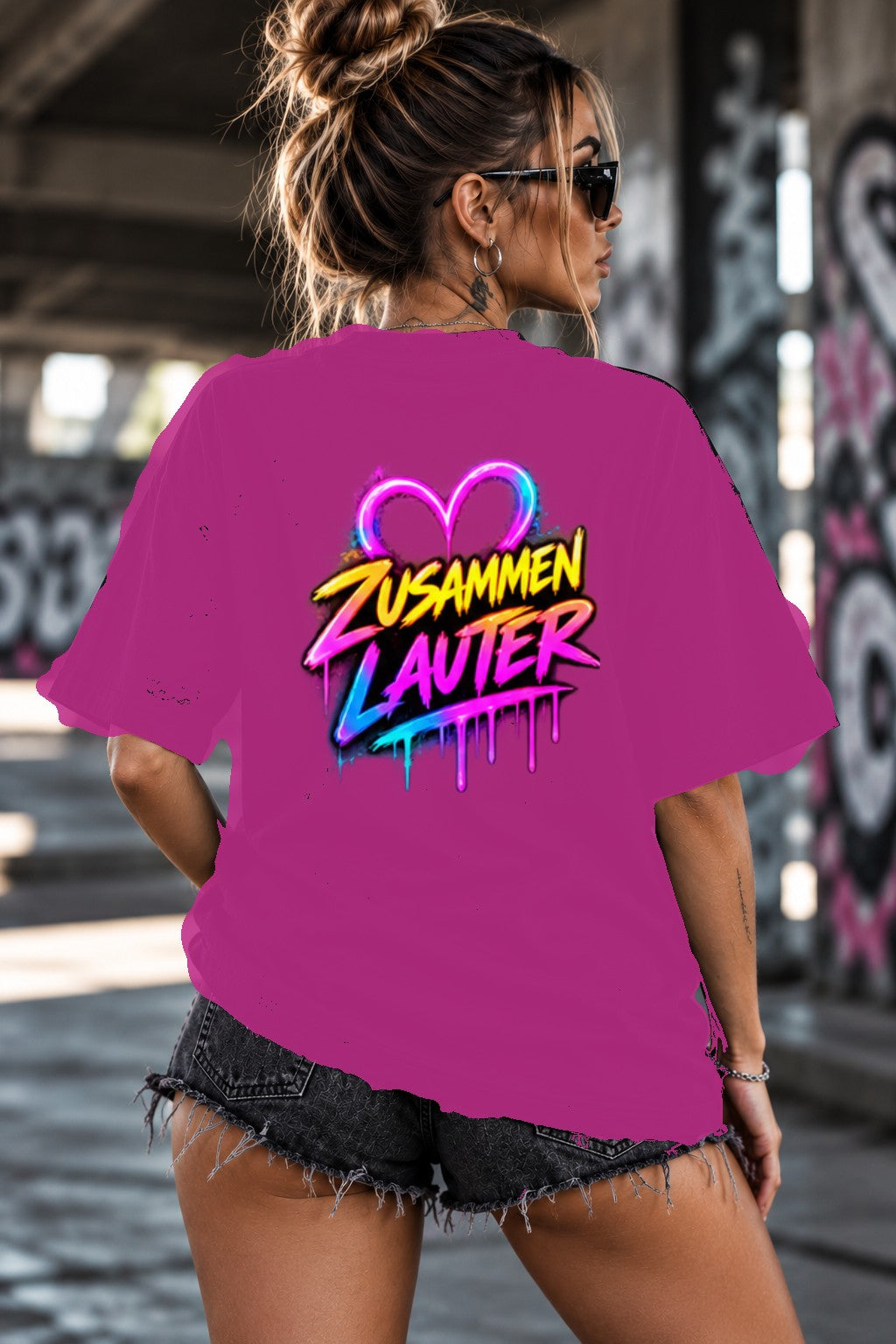 Neon Vibe Damen Oversized T-Shirt – Zusammen Lauter – DTF Backprint in Pink, Größe 5XL