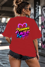 Neon Vibe Damen Oversized T-Shirt – Zusammen Lauter – DTF Backprint in Rot, Größe 5XL