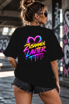 Neon Vibe Damen Oversized T-Shirt – Zusammen Lauter – DTF Backprint in Schwarz, Größe 5XL