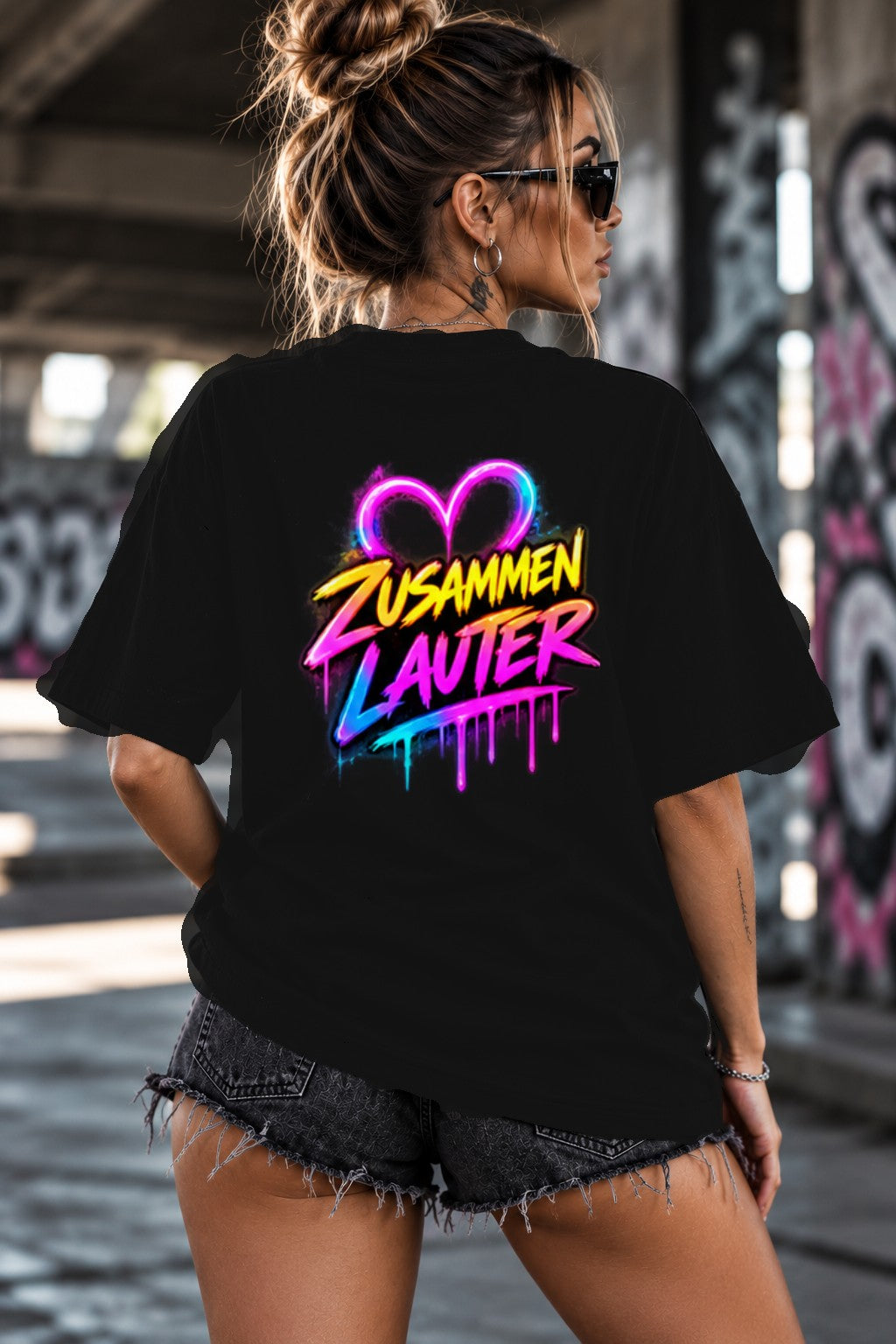 Neon Vibe Damen Oversized T-Shirt – Zusammen Lauter – DTF Backprint in Schwarz, Größe 5XL