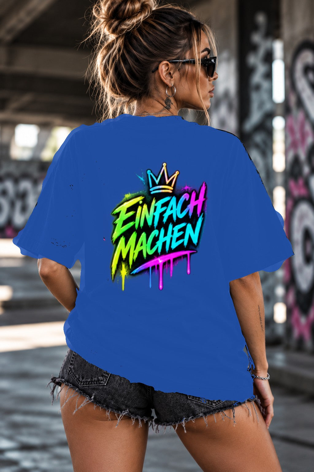 Neon Vibe Damen Oversized T-Shirt – Einfach Machen – DTF Backprint in Blau, Größe 5XL