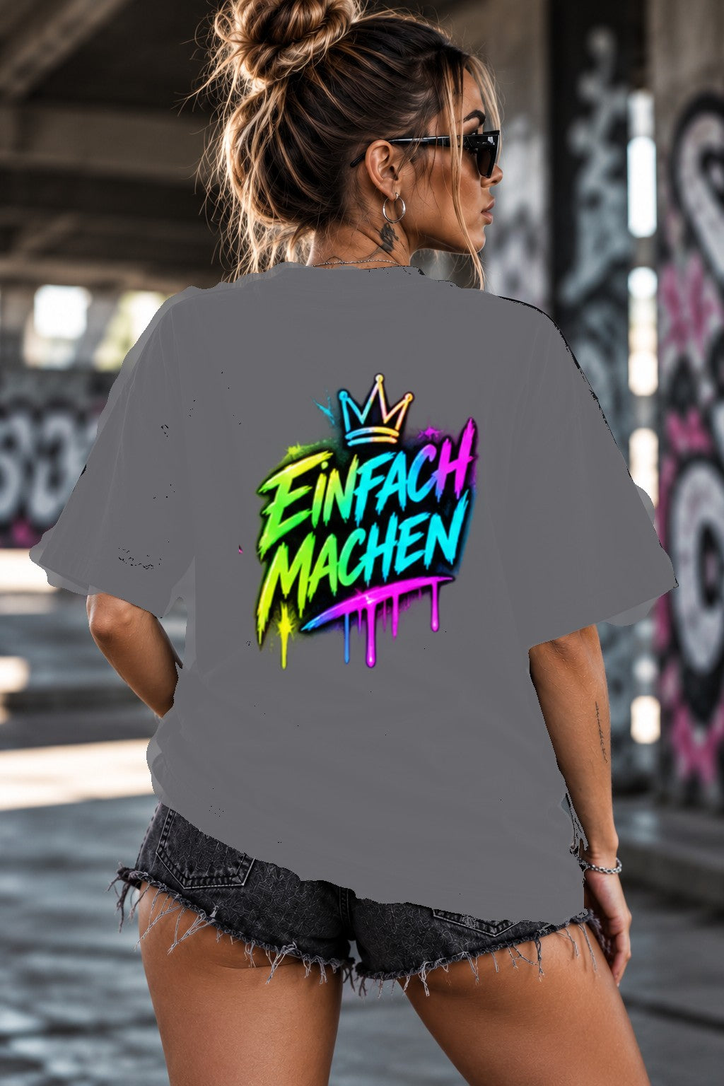 Neon Vibe Damen Oversized T-Shirt – Einfach Machen – DTF Backprint in Grau, Größe 5XL