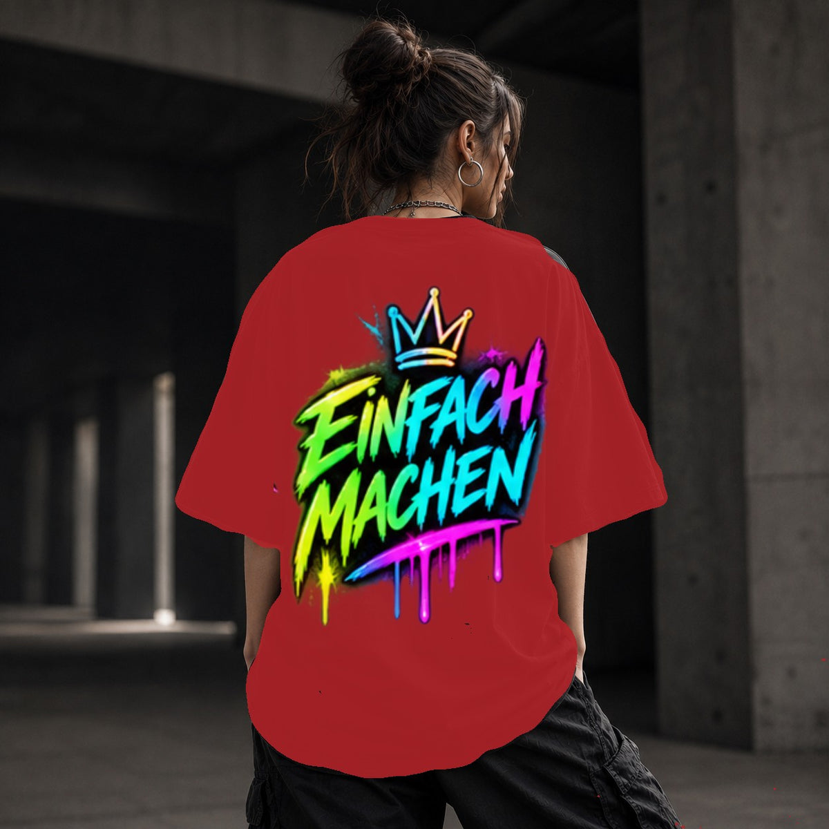 Neon Vibe Damen Oversized T-Shirt – Einfach Machen – DTF Backprint in Rot, Größe 5XL
